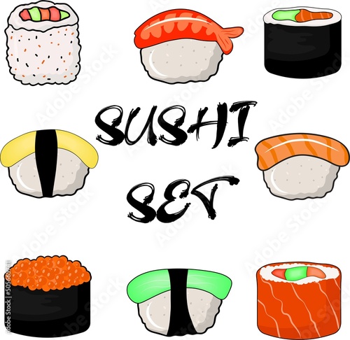 Sushi rolls set, Japanese cuisine collection, sushi food isolated vector