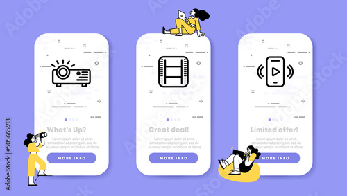 Watching a movie set icon. Movie, projector, film strip, cinema, app, phone, screen, watch. Entertainment concept. UI phone app screens with people. Vector line icon for Business and Advertising