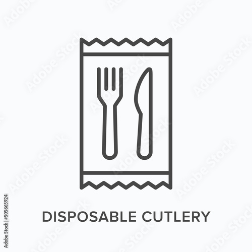 Disposable cutlery flat line icon. Vector outline illustration of fork and knife. Black thin linear pictogram for plastic tableware
