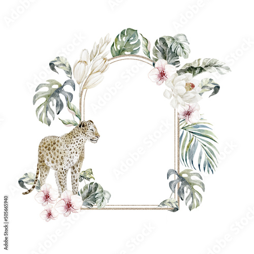Frame with Gepard Tropical Leaves and Flowers.