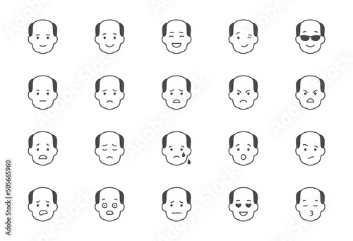 Emoticons flat icons. Vector illustration include icon - mental health, worry, laugh, disappointed mood, confused glyph silhouette pictogram for old man character expression. Black color signs