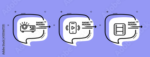 Watching a movie set icon. Viewing, cinema, projector, app, stream, film strip. Entertainment concept. Infographic timeline with icons and 3 steps. Vector line icon for Business and Advertising