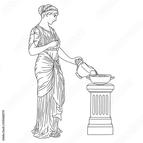 A young slender ancient Greek woman in tunic with a jug pouring water into a bowl. Figure isolated on white background.
