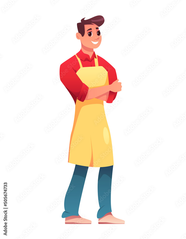 A male farmer or seller in an apron stands isolated on a white background. Male cartoon character. Vector cute Illustration.