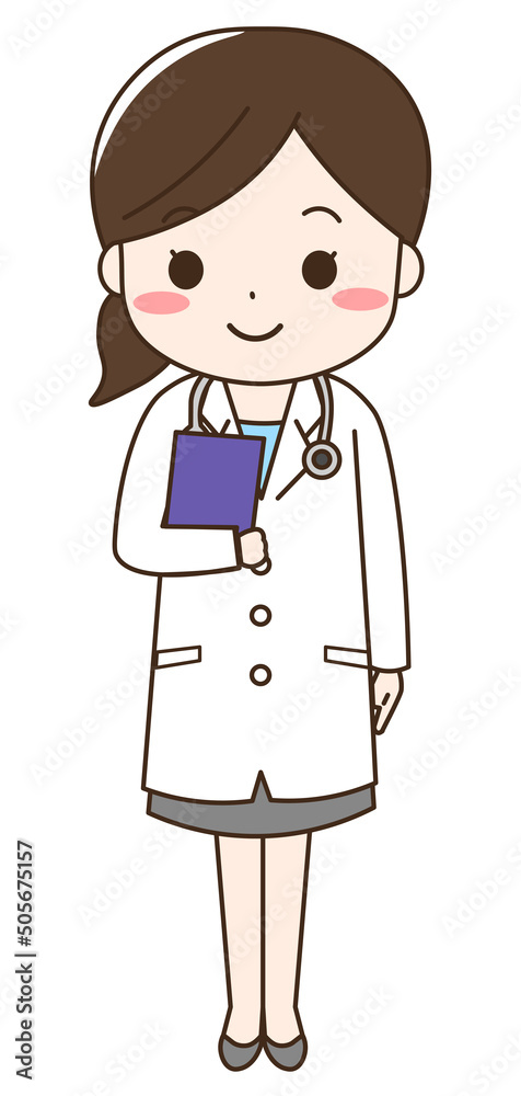 笑顔でバインダーを持って立っている女性医師