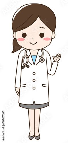 笑顔で手を挙げている女性医師