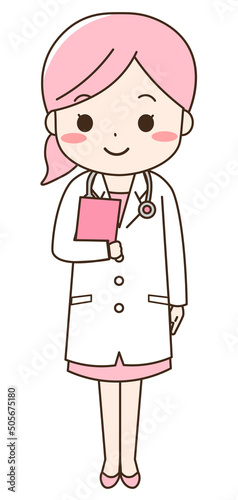 笑顔でバインダーを持って立っている女性医師（ピンク）