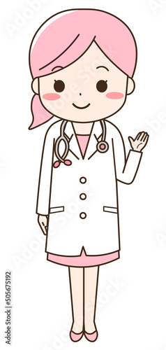 笑顔で手を挙げている女性医師（ピンク）