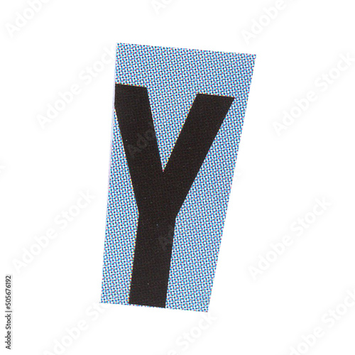 letter y magazine cut out font, ransom letter, isolated collage elements for text alphabet. hand made and cut, high quality scan. halftone pattern and texture detail. newspaper and scraps photo