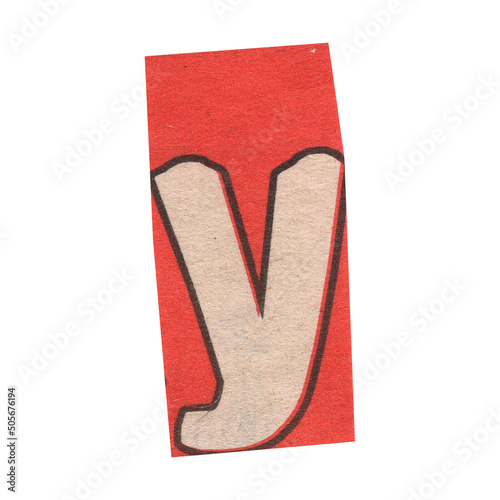 letter y magazine cut out font, ransom letter, isolated collage elements for text alphabet. hand made and cut, high quality scan. halftone pattern and texture detail. newspaper and scraps