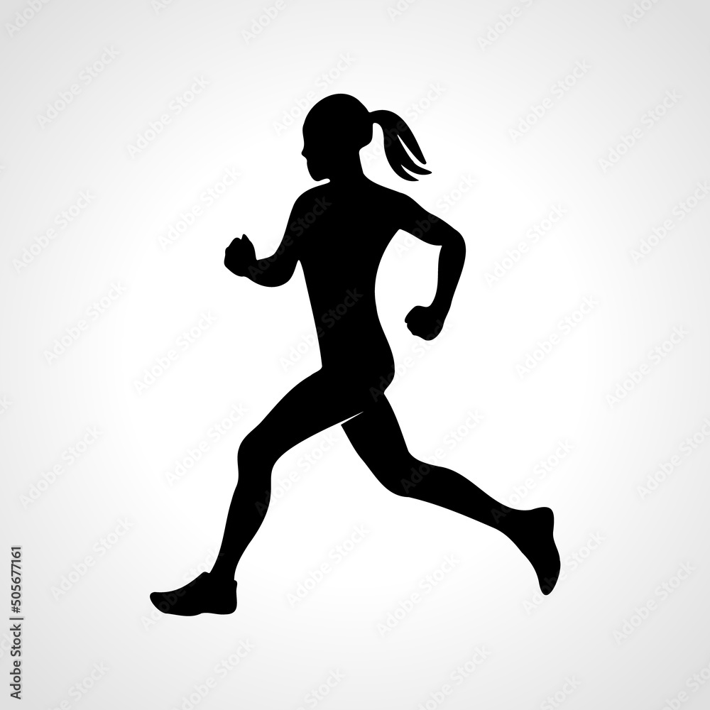 Silhouette of a running woman or jogger or sprinter. Jogging