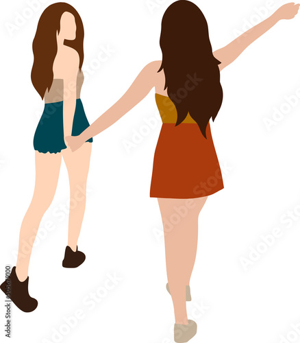 Two girls girlfriends are walking in full growth and holding hands