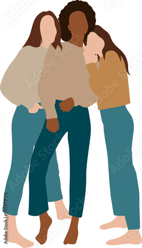 Three girls girlfriends in full growth stand embracing side by side