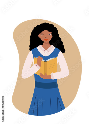 Cute student girl with a book in her hand. illustration of a apprentice, the concept of education.