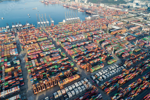 Shenzhen ,China - Circa 2022: Aerial view of Yantian international container terminal in Shenzhen city, China