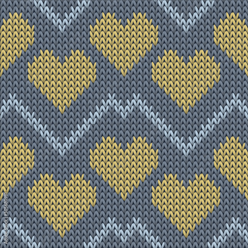 Fair isle heart knit nordic vector seamless pattern. Knitting crochet valentine ornament.