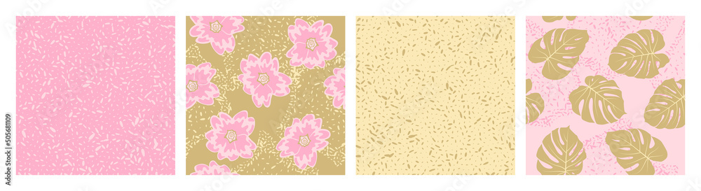 Grain texture and floral seamless pattern vector set. Botanical design of primula and monstera leaves. Grain texture and floral seamless pattern vector set. Botanical design of primula and monstera leaves.