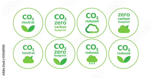 Carbon emission reduction icon set. Zero carbon footprint, CO2 neutral, zero emission, eco friendly, sustainable business banners design elements. Stop global warming ecology environment consciousness