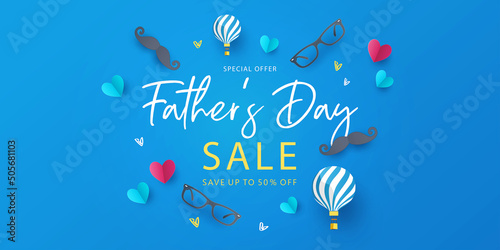 Happy Father's Day Sale banner, poster or flyer design with flying origami hearts over clouds with air balloons, paper mustache, glasses and bow tie. Paper art, digital craft style. 