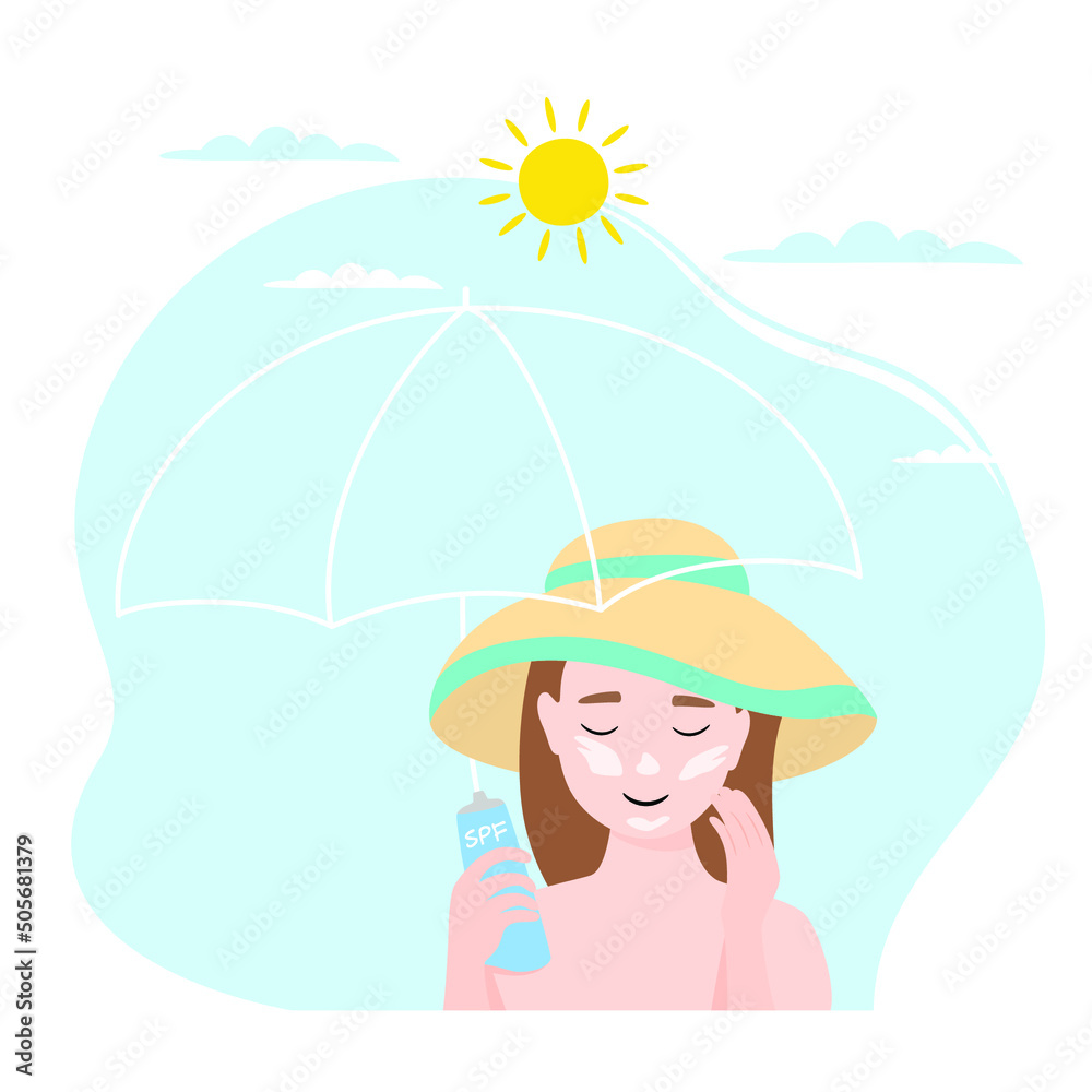 Vector sun protection and safety skin. Woman applying sunscreen to her face. The concept of beauty and health. Vector illustration isolated on white background.
