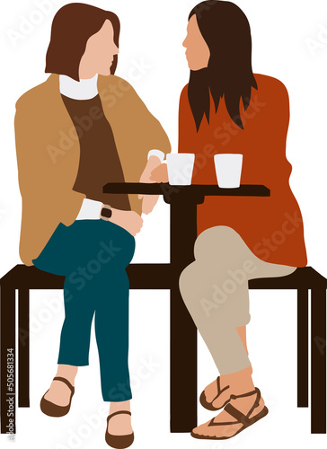 Two female friends are sitting on a bench at a table, drinking drinks and talking