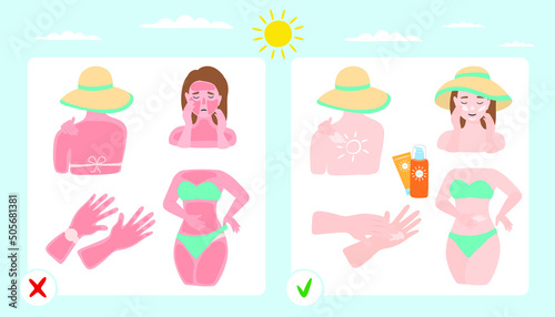 Woman with sunburn problem and woman in hat smears sunscreen on her skin. The concept of beauty and health. Vector illustration isolated on white background.