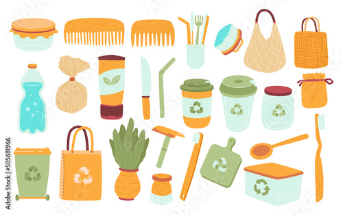 Set of Hand drawn elements of zero waste life Element Collections, Eco style. No plastic. Go green. Wooden tools. Reduce Reuse Recycle.