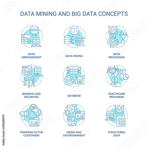 Data mining and big data turquoise concept icons set. Database analysis idea thin line color illustrations. Database. Isolated symbols. Editable stroke. Roboto-Medium, Myriad Pro-Bold fonts used
