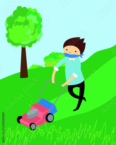 Man with lawnmower in the garden