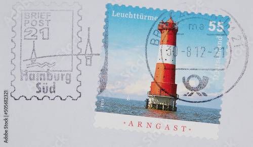 briefmarke stamp vintage retro alt old leuchtturm lighthouse hamburg süd 55 arngast gestempelt frankiert cancel meer ocean sea 21 papier paper photo