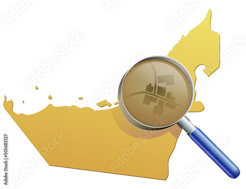 United Arab Emirates map yellow sand under a magnifying glass (cut out)