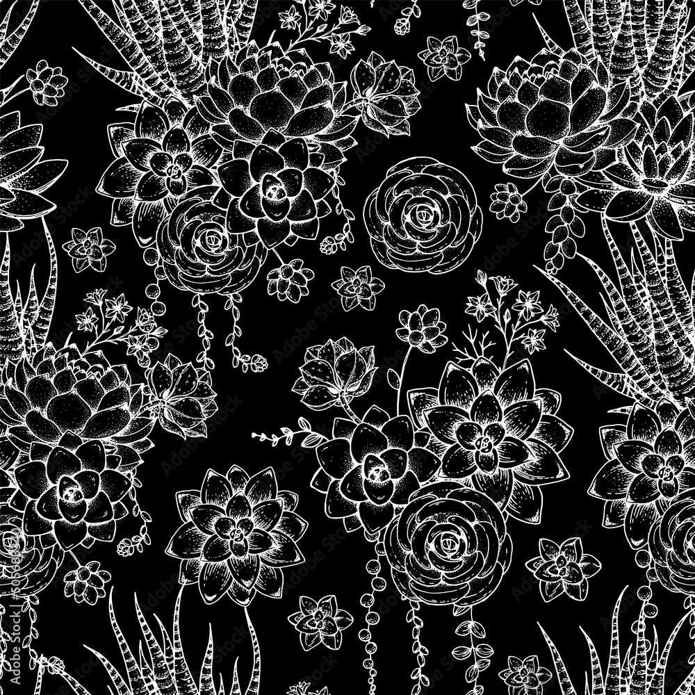 Succulent sketch seamless pattern. Hand drawn vector illustration. Floral sketch. Tattoo vintage print. Illustration for t-shirt print, fabric, greeting cards, wedding invites and other uses. Succulent sketch seamless pattern. Hand drawn vector illustration. Floral sketch. Tattoo vintage print. Illustration for t-shirt print, fabric, greeting cards, wedding invites and other uses.