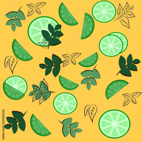citrus print, lime, mint, menthol, bright print, mint leaves, mint branch, pattern, print for textiles, packaging, gift wrapping, bed linen print, lime print, lemon print, citrus, print on a bright ye