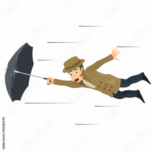 Man is flying with an umbrella. Windy day, vector illustration