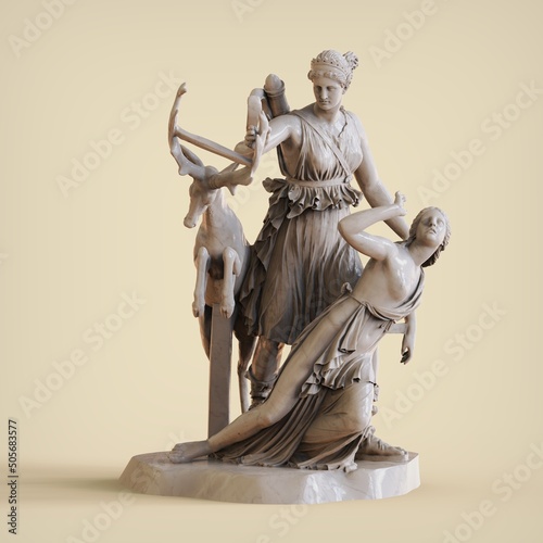 Artemis and Iphigeneia statue. 3d illustration of  Statue group showing the goddess Artemis saving the young girl Iphigenia. photo