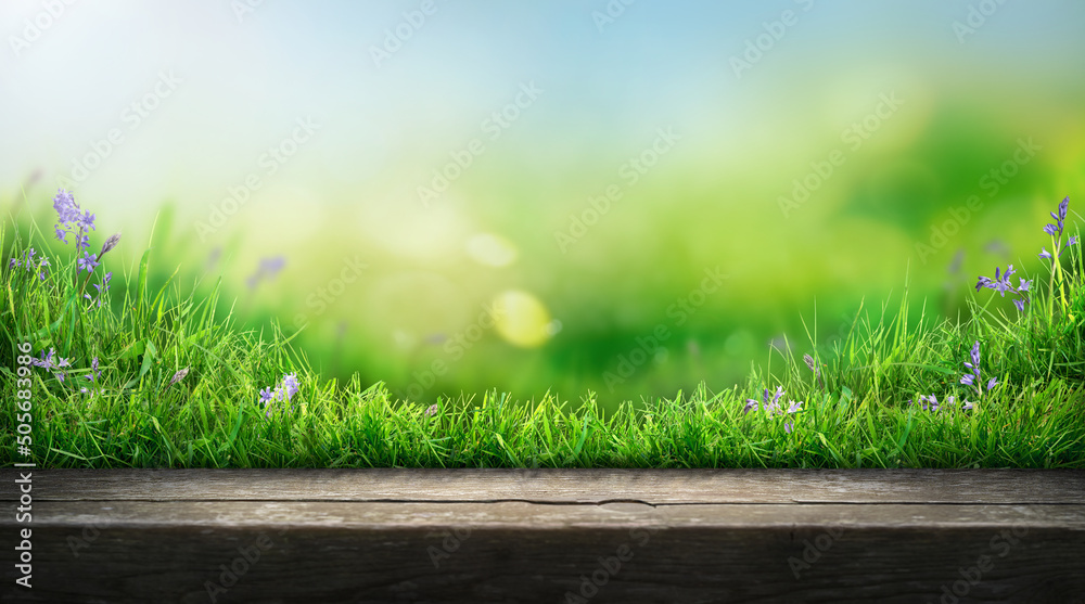 A wooden table product display with warm spring garden background of green grass and blurred foliage with strong sunlight.
