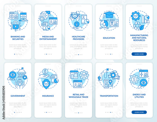 Big data applications blue onboarding mobile app screen set. Analysis walkthrough 5 steps graphic instructions pages with linear concepts. UI, UX, GUI template. Myriad Pro-Bold, Regular fonts used