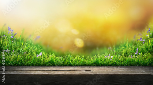 A wooden table product display with warm sunset summer garden background of green grass and blurred foliage with strong sunlight.