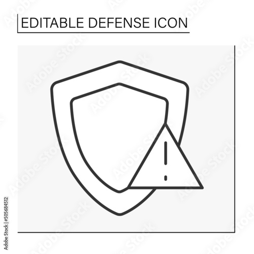 Shield line icon. Error. Mistake triangle on protection shield. Troubles. Data secure. Thumb up. Defense concept. Isolated vector illustration. Editable stroke