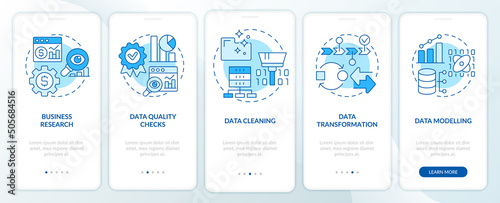Data mining process blue onboarding mobile app screen. Machine learning walkthrough 5 steps graphic instructions pages with linear concepts. UI, UX, GUI template. Myriad Pro-Bold, Regular fonts used