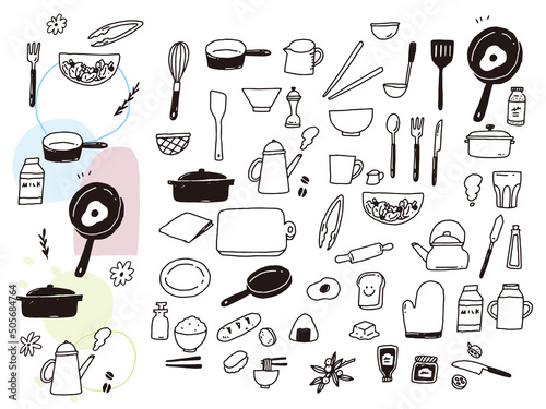 白黒、モノトーン、線画のイラスト(手書き、オシャレ、ファッション、可愛い、カフェ、料理、クッキング、キッチン) Black and white, monotone, line drawing illustrations. Handwriting, fashion, fashion, cute, cafe, cooking, kitchen.
