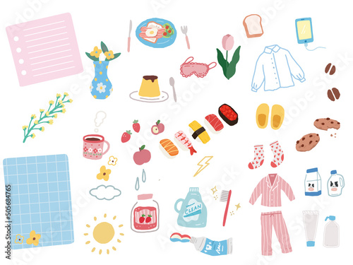 可愛い手書きイラスト(ファッション、オシャレ、寿司、朝、朝食、チューリップ、花、コスメ) Cute handwritten illustration.Fashion, fashion, sushi, morning, breakfast, tulips, flowers, cosmetics.