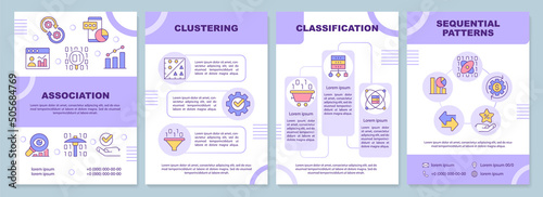 Data mining techniques purple brochure template. Machine learning. Leaflet design with linear icons. 4 vector layouts for presentation, annual reports. Arial-Black, Myriad Pro-Regular fonts used