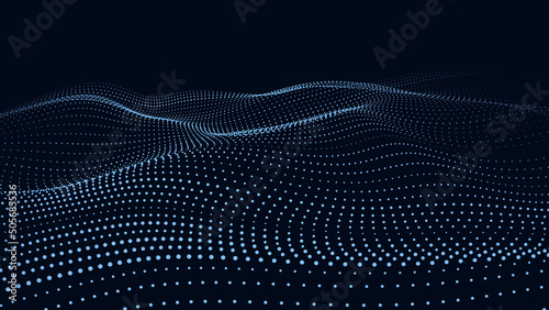 Wave of moving dots on an abstract dark background. 3D Vector illustration.