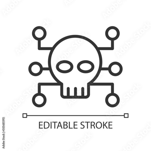 Cybercrime pixel perfect linear icon. Criminal and illegal activity. Malicious computer network attack. Thin line illustration. Contour symbol. Vector outline drawing. Editable stroke. Arial font used