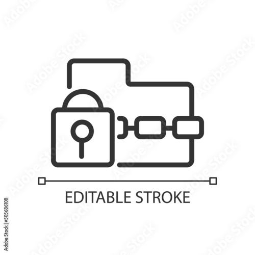 Ransomware pixel perfect linear icon. Data encryption. Malicious program. Cryptoviral extortion. Thin line illustration. Contour symbol. Vector outline drawing. Editable stroke. Arial font used