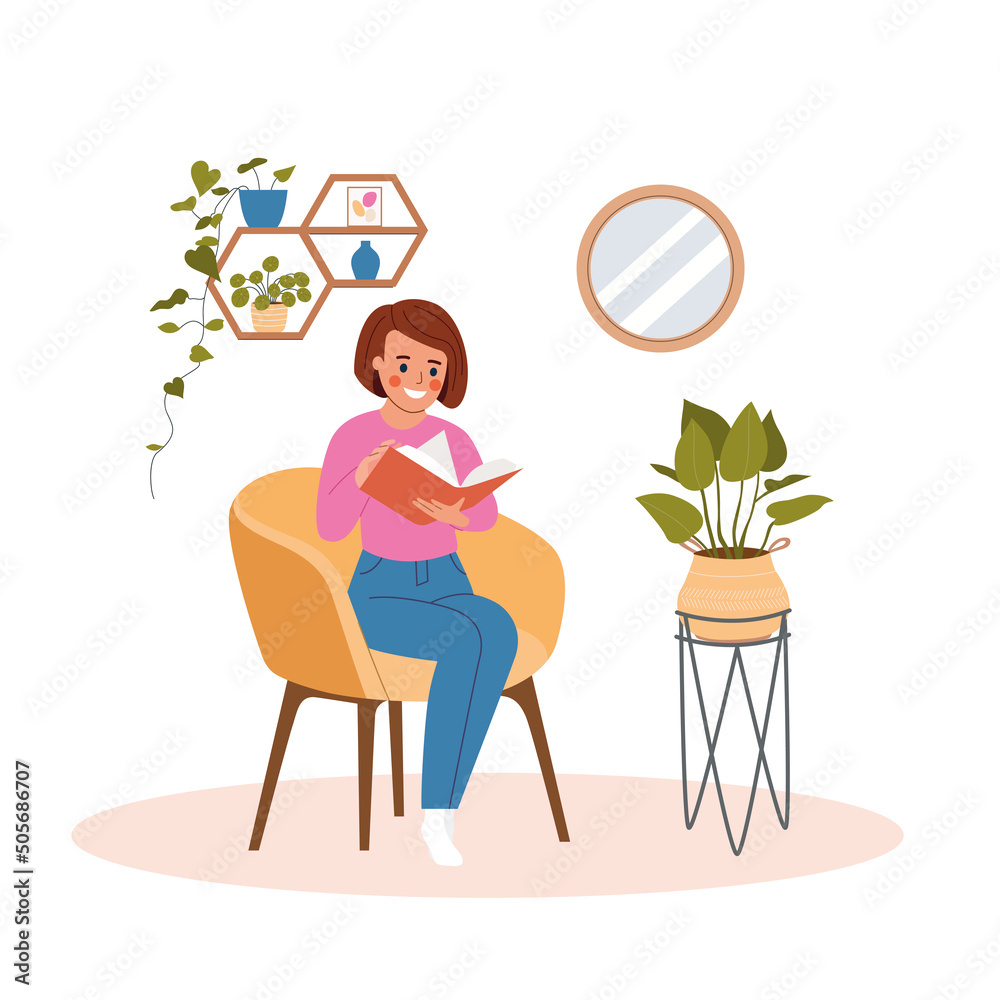 Young woman relaxing on chair reading book at home. Vector flat illustration