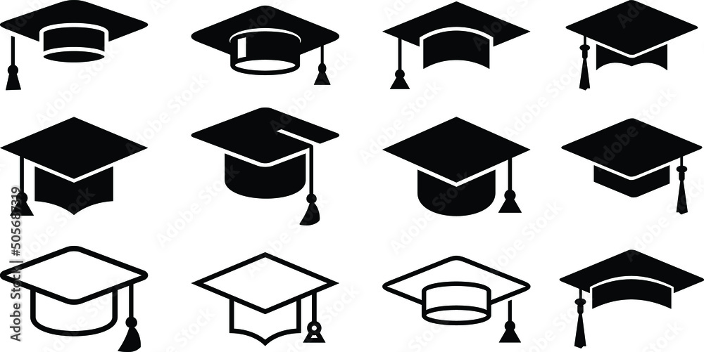 Graduation hat cap icons set. Academic cap. Graduation student black ...