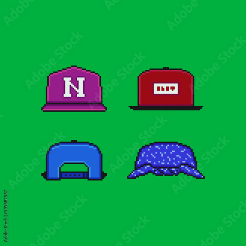 Pixel art vector illustration icon set. Baseball cap, front and back, bandana head accessories. Game assets 8-bit isolated on green chroma key background