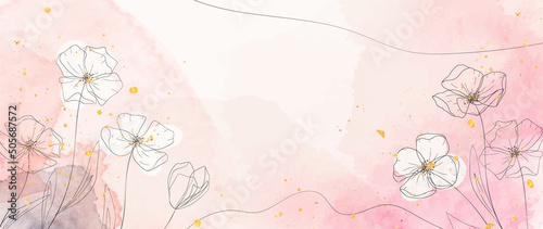 Luxury wallpaper with flowers in art line style on a pink watercolor background with golden drops. Botanical vector background for banner design, wall, decor, fabric